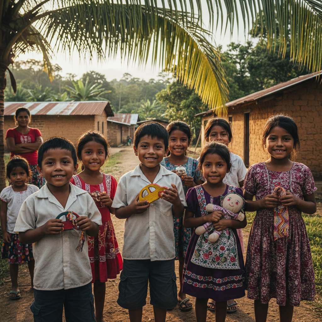 Niños recibiendo regalos artesanales