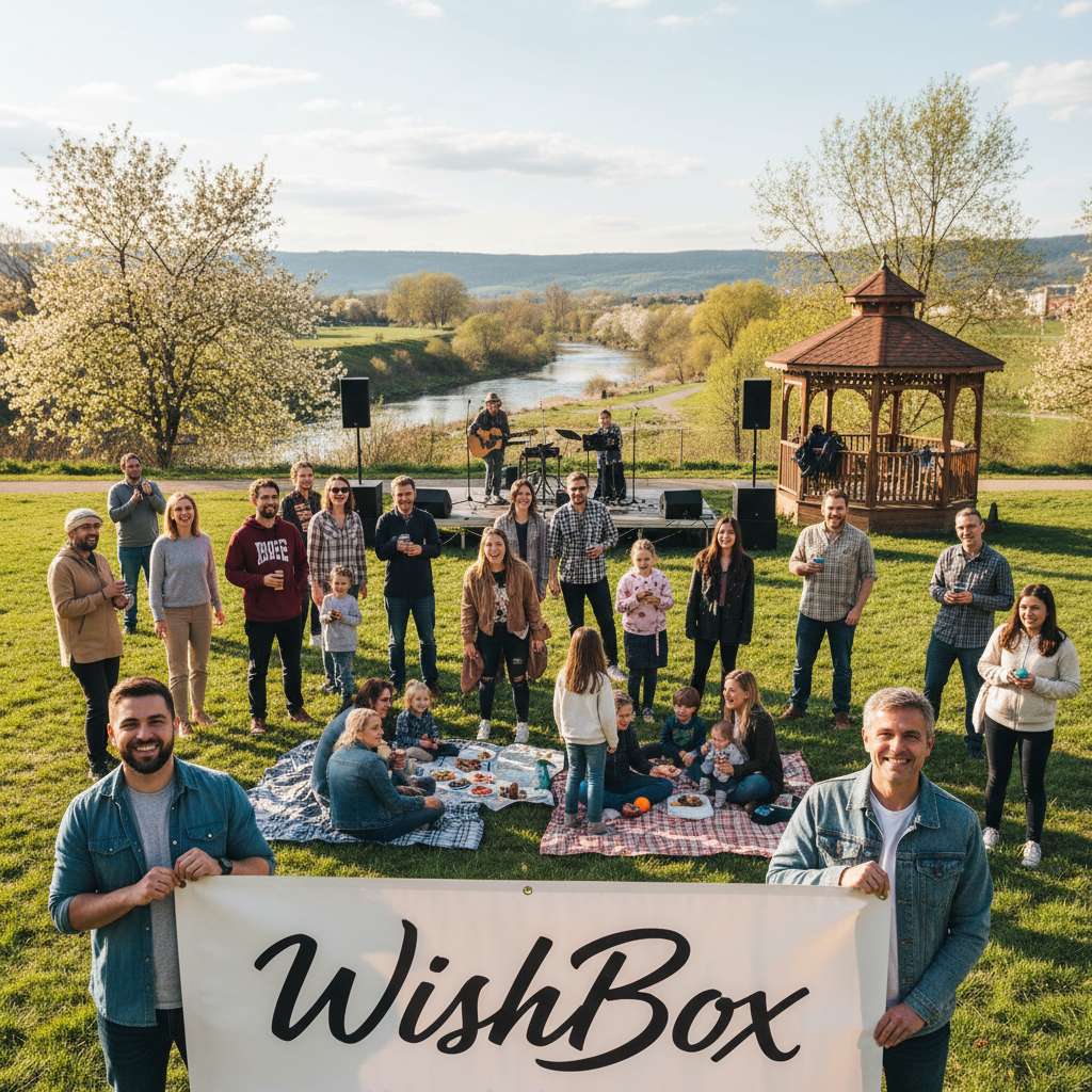 Reunión comunitaria con pancarta WishBox