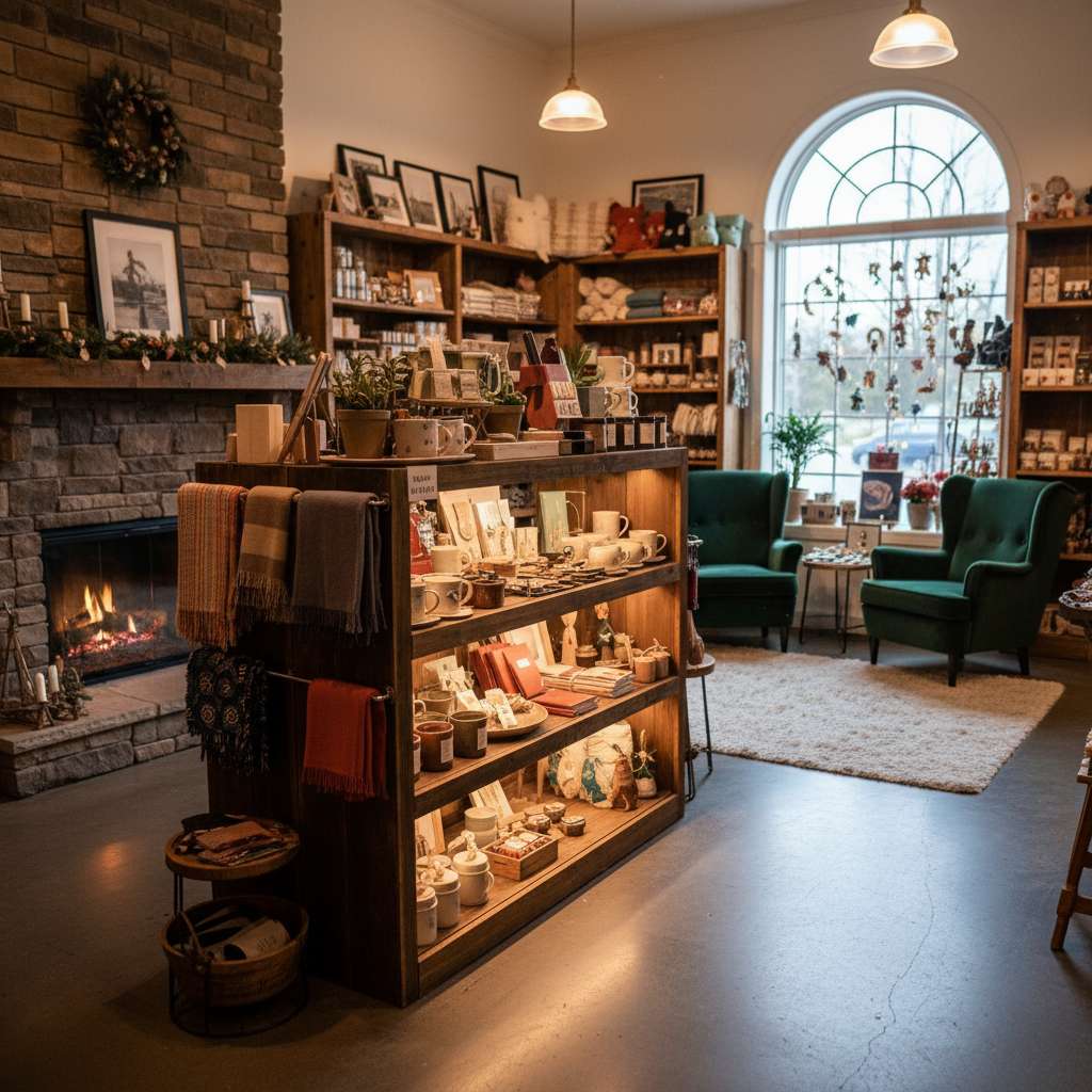 Interior acogedor de una tienda de regalos con estantes y ambiente cálido