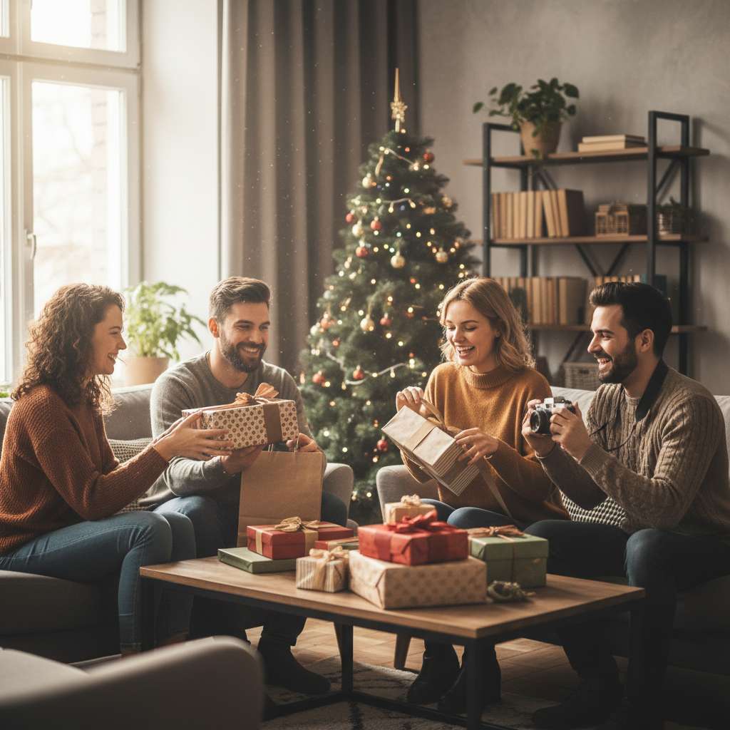 Amigos intercambiando regalos en ambiente festivo