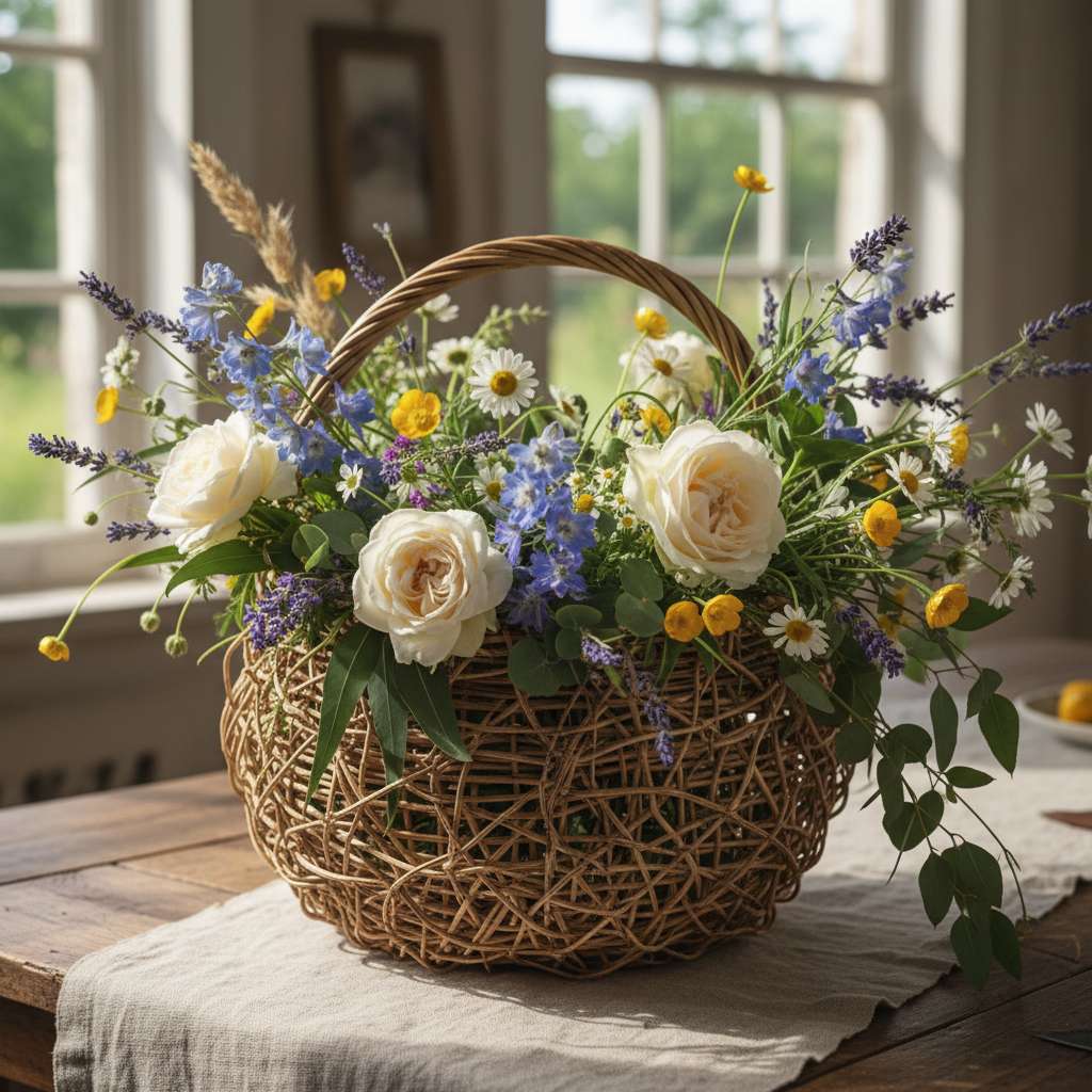 Canasta tejida con flores