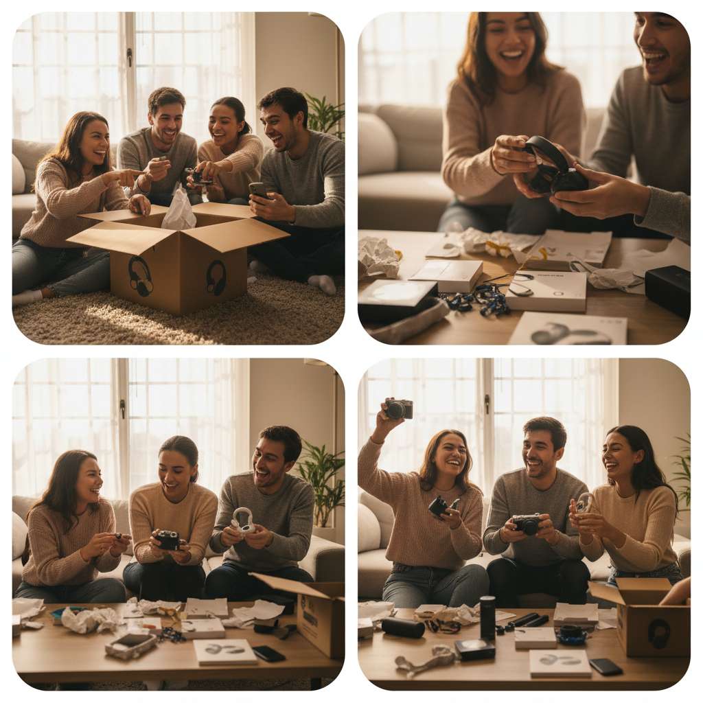 Grupo de amigos disfrutando un unboxing de WishBox